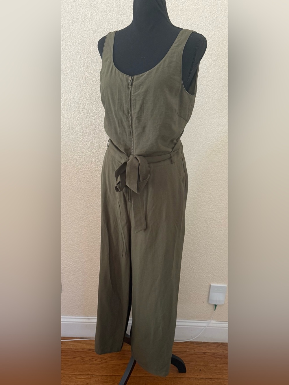 MELLODAY Olive Green Zip Front Wide Leg Jumpsuit Belted Sz S